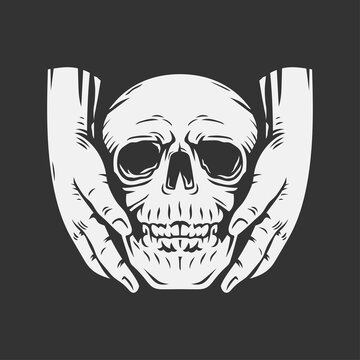 two hands carrying the skull. t shirt and tattoo design. vector illustration