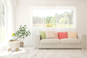 White living room with sofa and summer landscape in window. Scandinavian interior design. 3D illustration