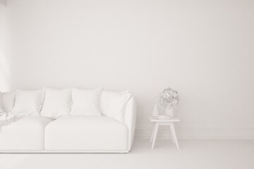 White minimalist living room with sofa. Scandinavian interior design. 3D illustration