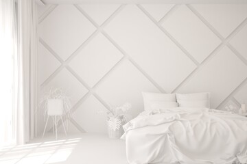 Modern bedroom in white color. Scandinavian interior design. 3D illustration