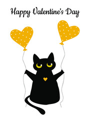 Black cat and a yellow heart with polka dots. Valentine's Day greeting card. Pattern for fashion prints on cups, textiles, clothes, notebooks. Vector illustration.