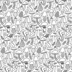 Mushrooms monochrome pattern. Autumn forest motif. Doodle hand drawn background.