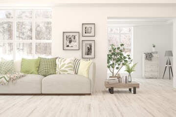 White living room with sofa and winter landscape in window. Scandinavian interior design. 3D illustration