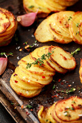 Hot Baked crispy potato stack with parmesan cheese and herbs