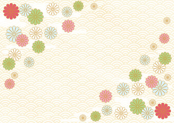 和柄　菊と霞と青海波のおめでたい背景