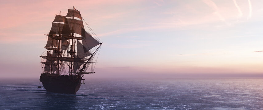 Pirate ship sailing on the ocean at sunset