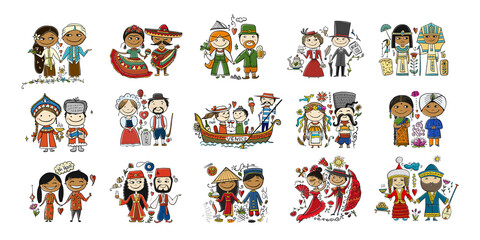 Couple in love, national costume. People in different countries, cards collection for your design