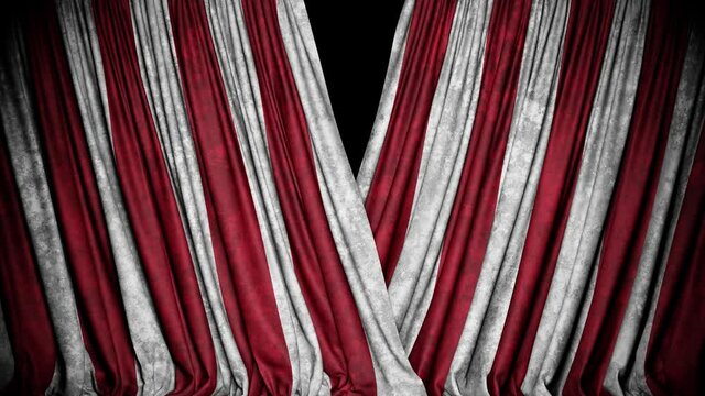 Realistic 3D animation of the striped red and white grungy circus curtain rendered in UHD, alpha matte is included