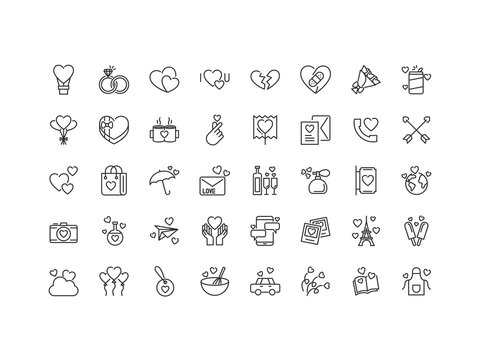 set of valentine day thin line icons, 256x256 px, love, heart
