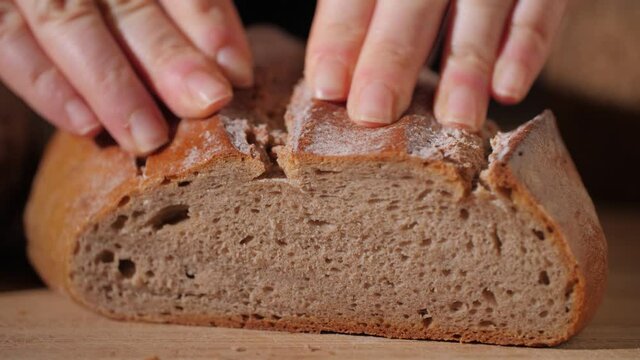 Close up of a fresh organic bread loaf being squeezed and the pores compressed. Mouthwatering homemade bread with crispy crust and soft dough. Tasty and healthy food. Macro, 4K.