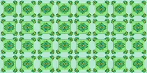 Pattern square with leaves and flowers in green tones and green background