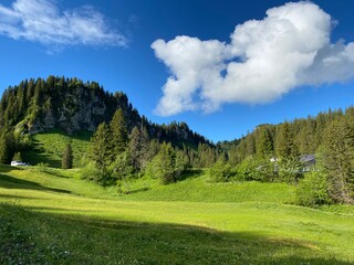 Alpine mountain hill Seeblistöckli (Seeblistoeckli or Seeblistockli) over the Iberig region and in...