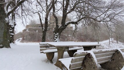 
Winter idyll with park bench