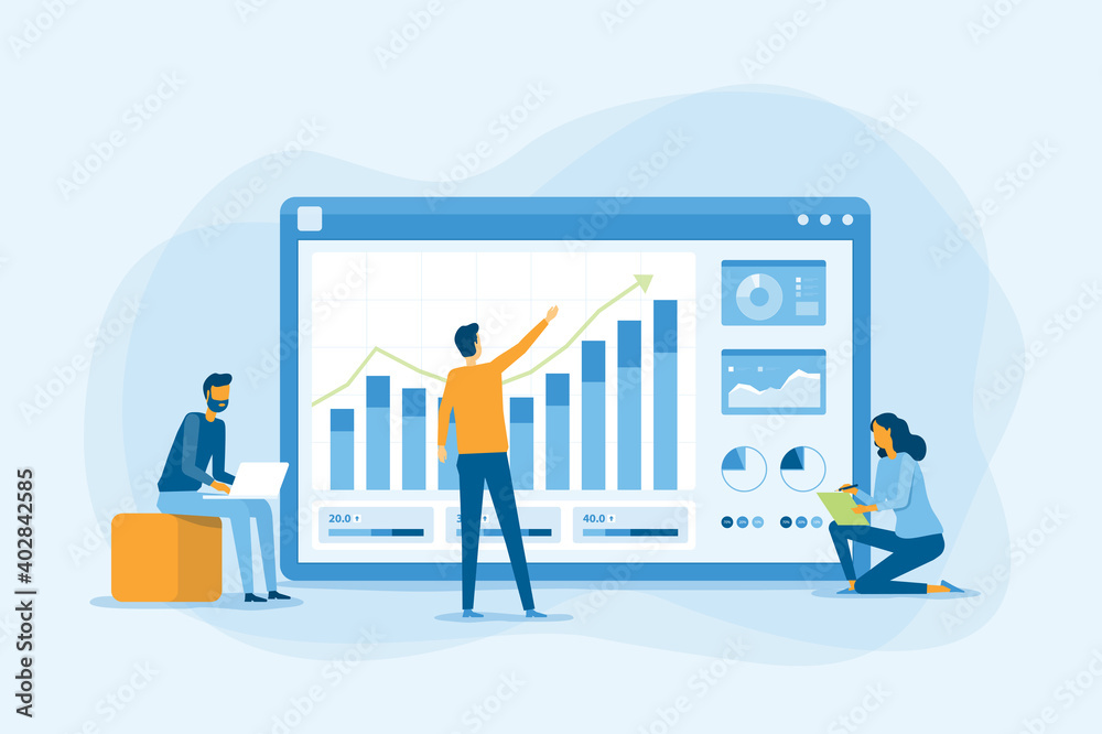 Poster flat business team working analytics and monitoring research on web report dashboard monitor and business finance investment concept