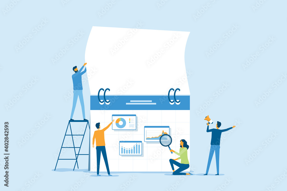 Poster flat vector illustration design business marketing planning concept and team working with digital on