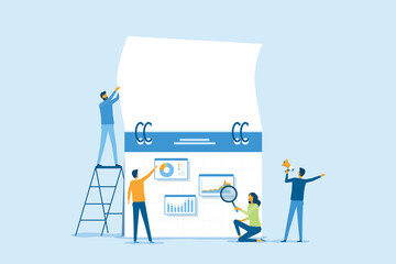 Flat vector illustration design Business marketing planning concept and team working with digital online dashboard calendar. 