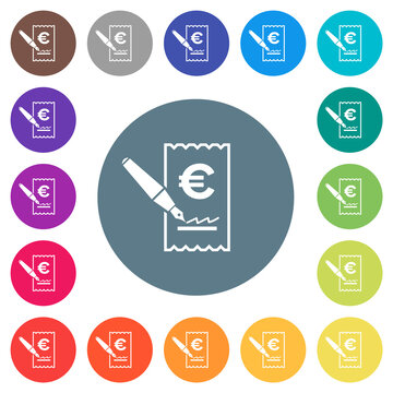 Signing Euro cheque flat white icons on round color backgrounds