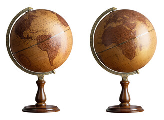 Old style world Globe isolated on white background.  Two hemispheres of the globe in antique style....