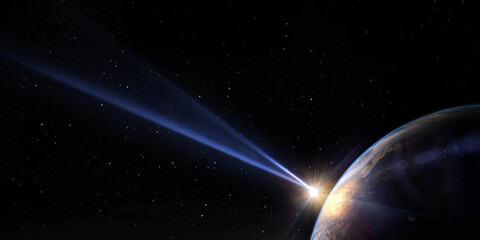 Comet, asteroid, meteorite flying to the planet Earth on the  starry night sky. Glowing asteroid...