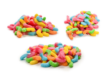 Juicy colorful jelly sweets isolated on white. Gummy candies. Snakes.