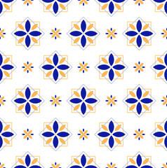 Ceramic with blue and yellow vector tile seamless pattern, floral decor illustration.