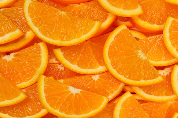 Slices of oranges as a background, top view.
