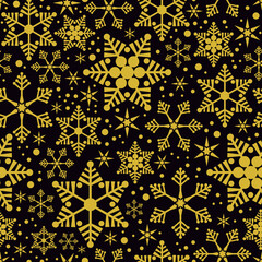 Seamless pattern for Christmas. Black background, Snowflakes in Gold color, wrapping paper