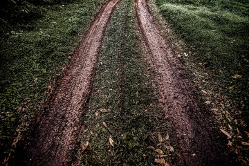 Tyre track on dirt sand or mud, Picture in retro or grunge tone. Car drive on sand. off road track. Track on grass field. Track in farm.