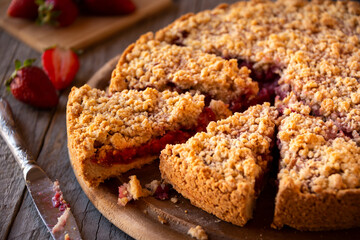 Delicious crumble cake with strawberry on wooden background