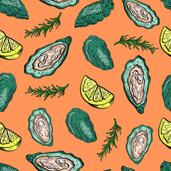 Oysters sea food, line art, hand drawn vector seamless pattern isolated on color background. Concept for wallpaper, menu, cards, print