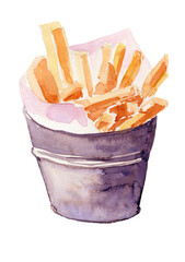 Watercolor illustration of fries in a bucket