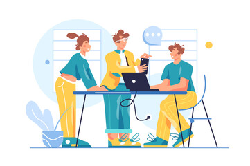 Group of colleagues working as a team in the office, the guy at the table at the laptop, the guy in the phone isolated on white background, flat vector illustration
