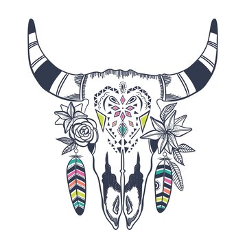 Boho chic, ethnic, native american or mexican bull skull with feathers on horns. Tribal hand drawn vector illustration. Poster, postcard, invitation design
