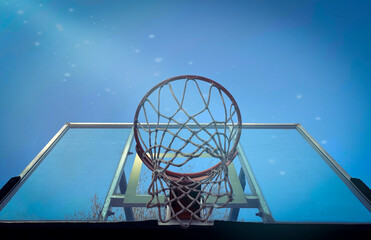 low angle view of basketball hoop and net against blue sky clear background.