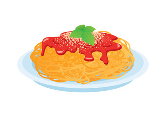 Spaghetti with tomato sauce, parmesan and basil icon vector. Plate of spaghetti with tomato sauce, cheese and basil icon isolated on a white background. Pasta icon vector