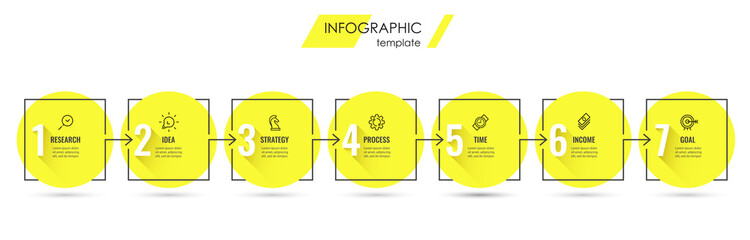 Vector Infographic design template with icons and 7 options or steps. Can be used for process diagram, presentations, workflow layout, banner, flow chart, info graph.