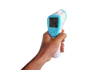 Hand holding a Digital Infrared IR Thermometer for patient screening scan, isolated on white background with clipping path.