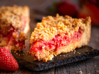 Delicious crumble cake with strawberry on wooden background