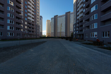 Road construction, courtyard area. Construction site. production of apartments, social housing.