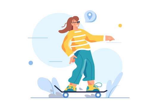 Girl rides a skateboard wearing sunglasses isolated on white background flat vector illustration