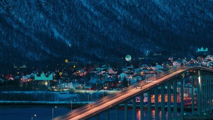 Emojis, graphs, charts and internet symbols pop out of northern town in the snow. Modern smart future city. - Powered by Adobe