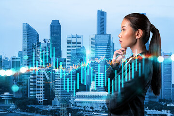 Attractive young Asian trader and stock market analyst in suit dreaming about market behavior and...