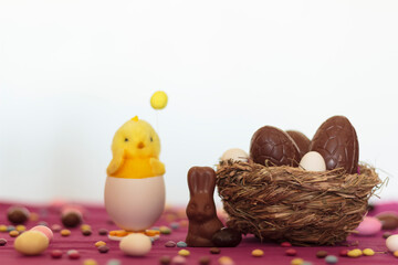 Bird nest with Chocolate eggs and decorative chick on table full of easter almonds