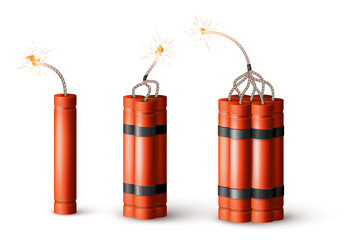 Dynamite Bomb with Burning Wick. Military Detonate Red Weapon. Vector illustration isolated on white background - obrazy, fototapety, plakaty