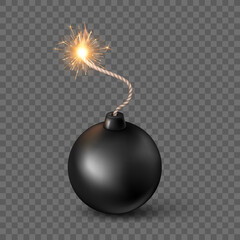Black Sphere Bomb. Burning fuse black bomb in realistic style. Vector illustration - obrazy, fototapety, plakaty