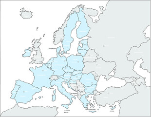 Europakarte EU grau / blau mit schwarzen Ländergrenzen und Hauptstädten und Text (nach Brexit)