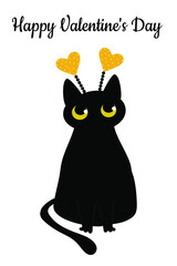 Black cat and funny horns made of yellow hearts with polka dots. Valentine's Day card. Pattern for fashionable prints on cups, textiles, clothes, notebooks. Vector illustration.