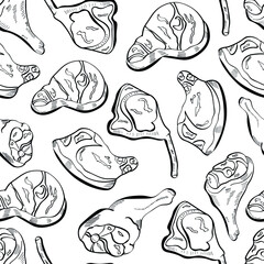 Meats chalk line arts food seamless pattern on white background. Concept for wallpaper, cards. menu, fabric texture