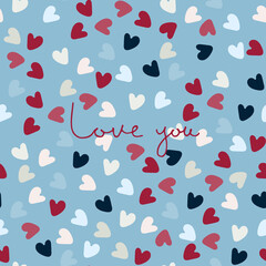 Love You handwritten phrase on blue background with multicolored heart shapes. Greeting card vector template. Love confession design. Love, romance, Valentines Day concept