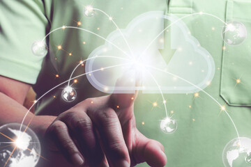 Businessman hand touching icon cloud computing network and data exchanges over the world 3D rendering.